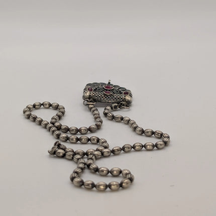 Ruby Stone Temple Pendant Necklace on Oxidised Bead Chain – Indian Artisanal