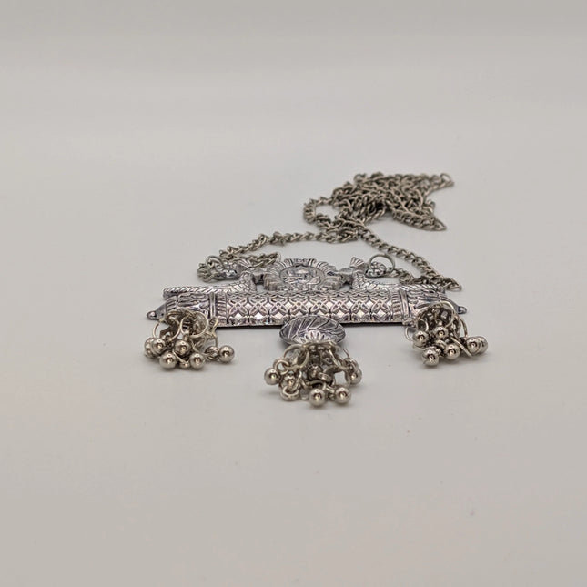 Ganesha and Peacock Pendant Necklace – Oxidised German Silver | Long Chain