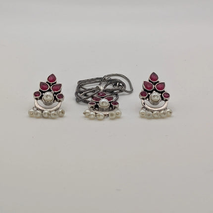 Ruby and Pearl Pendant and Earring Set – Oxidised German Silver | Artisanal