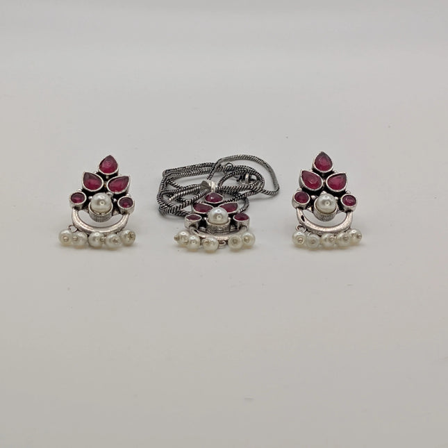 Ruby and Pearl Pendant and Earring Set – Oxidised German Silver | Artisanal
