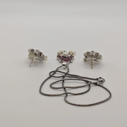 Ruby and Pearl Pendant and Earring Set – Oxidised German Silver | Artisanal