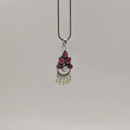 Ruby and Pearl Pendant and Earring Set – Oxidised German Silver | Artisanal