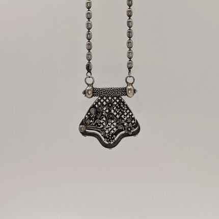 Floral Bouquet Pendant Necklace on Oxidised Bead Chain – Open Lattice, Indian Artisanal