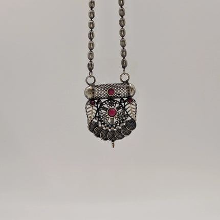 Ruby Stone Temple Pendant Necklace on Oxidised Bead Chain – Indian Artisanal