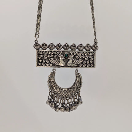 Peacock and Crescent Pendant Necklace in Oxidised German Silver – Green Stone, Artisanal