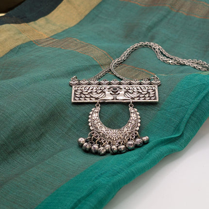 Peacock and Crescent Pendant Necklace in Oxidised German Silver – Green Stone, Artisanal