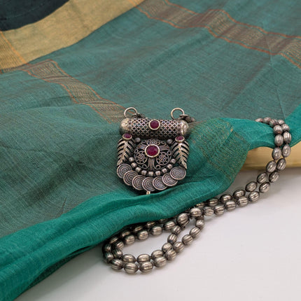 Ruby Stone Temple Pendant Necklace on Oxidised Bead Chain – Indian Artisanal