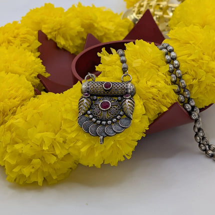 Ruby Stone Temple Pendant Necklace on Oxidised Bead Chain – Indian Artisanal
