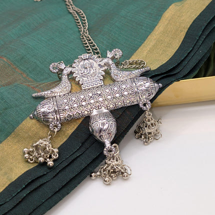 Ganesha and Peacock Pendant Necklace – Oxidised German Silver | Long Chain