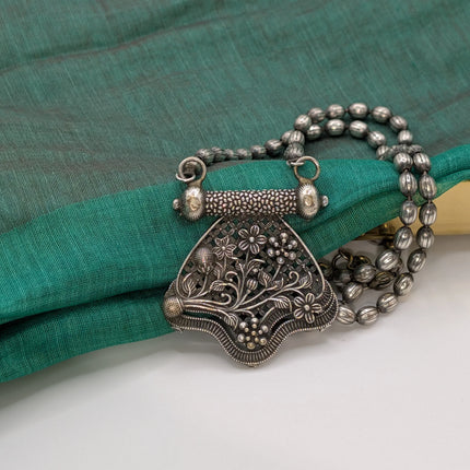 Floral Bouquet Pendant Necklace on Oxidised Bead Chain – Open Lattice, Indian Artisanal