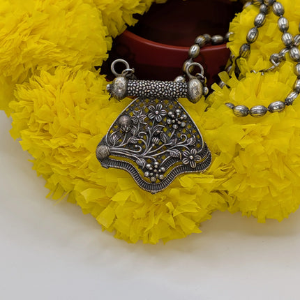 Floral Bouquet Pendant Necklace on Oxidised Bead Chain – Open Lattice, Indian Artisanal