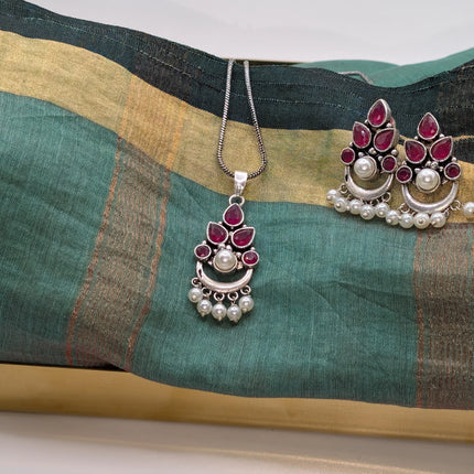 Ruby and Pearl Pendant and Earring Set – Oxidised German Silver | Artisanal