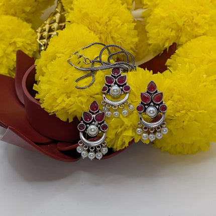Ruby and Pearl Pendant and Earring Set – Oxidised German Silver | Artisanal