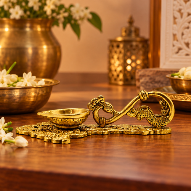 Handcrafted Brass Peacock Spoon Diya – Oil Lamp for Pooja & Diwali