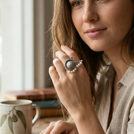 Peacock Motif Ring in Oxidised German Silver – Adjustable | The Ganges