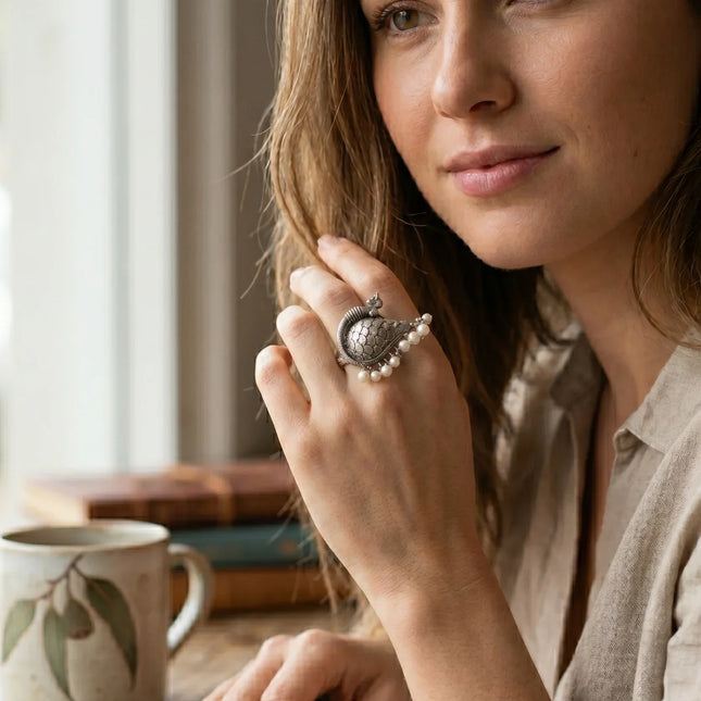 Peacock Motif Ring in Oxidised German Silver – Adjustable | The Ganges