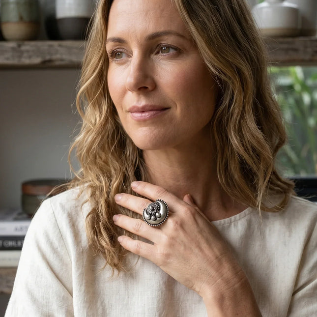 Moon-Inspired Ring in Oxidised German Silver – Adjustable | The Ganges