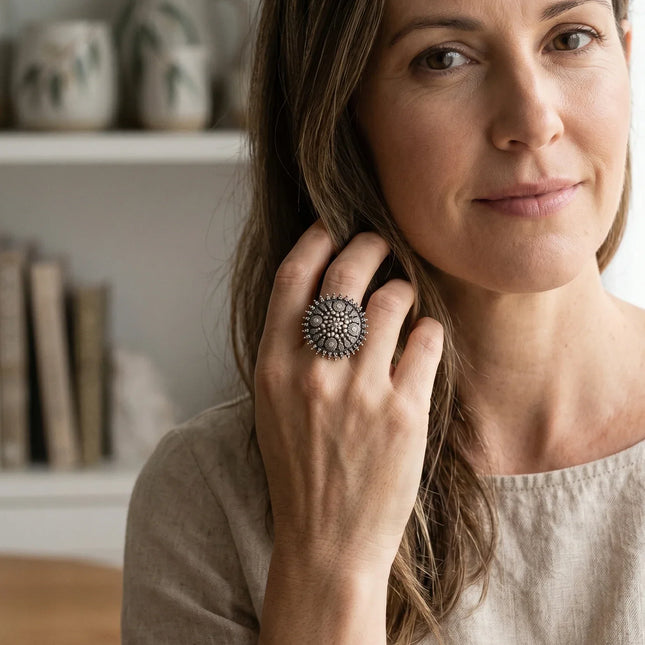 Lalia-Inspired Ring in Oxidised German Silver – Adjustable | The Ganges