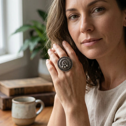 Ghungroo Accent Ring in Oxidised Silver – Adjustable | The Ganges