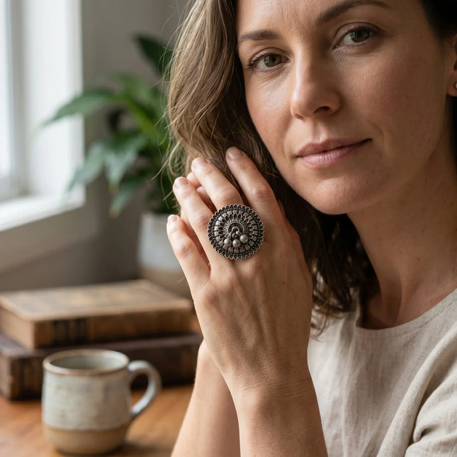 Ghungroo Accent Ring in Oxidised Silver – Adjustable | The Ganges