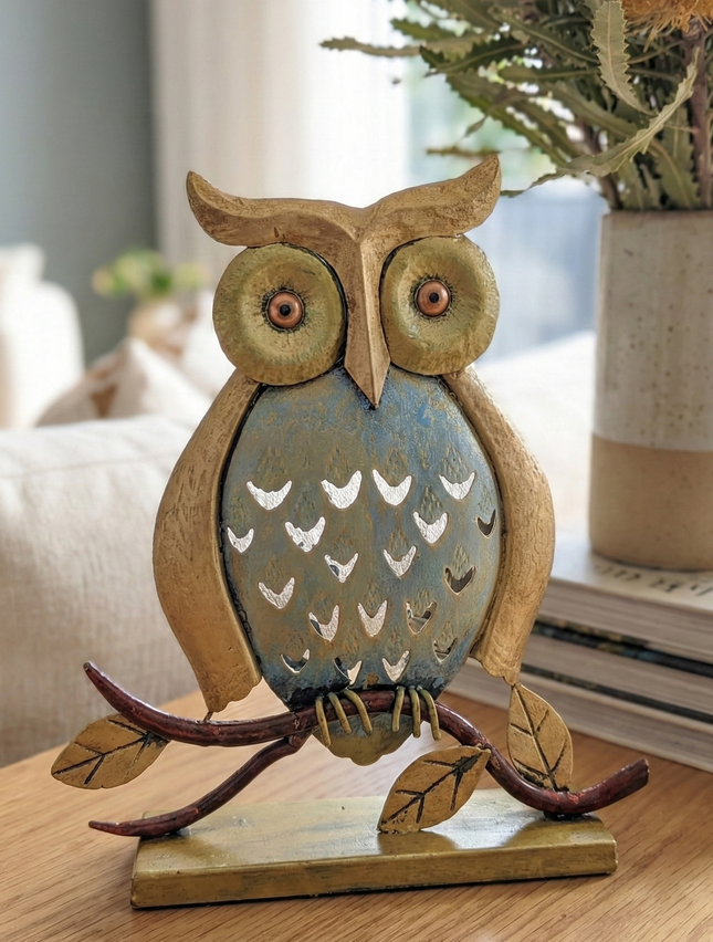 Handmade metal tealight holder – Striking Metal Owl Tealight Holder by The Ganges