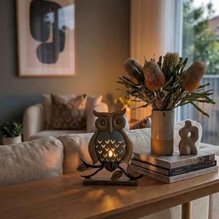 Striking Metal Owl Tealight Holder — Handmade Indian Artisanal