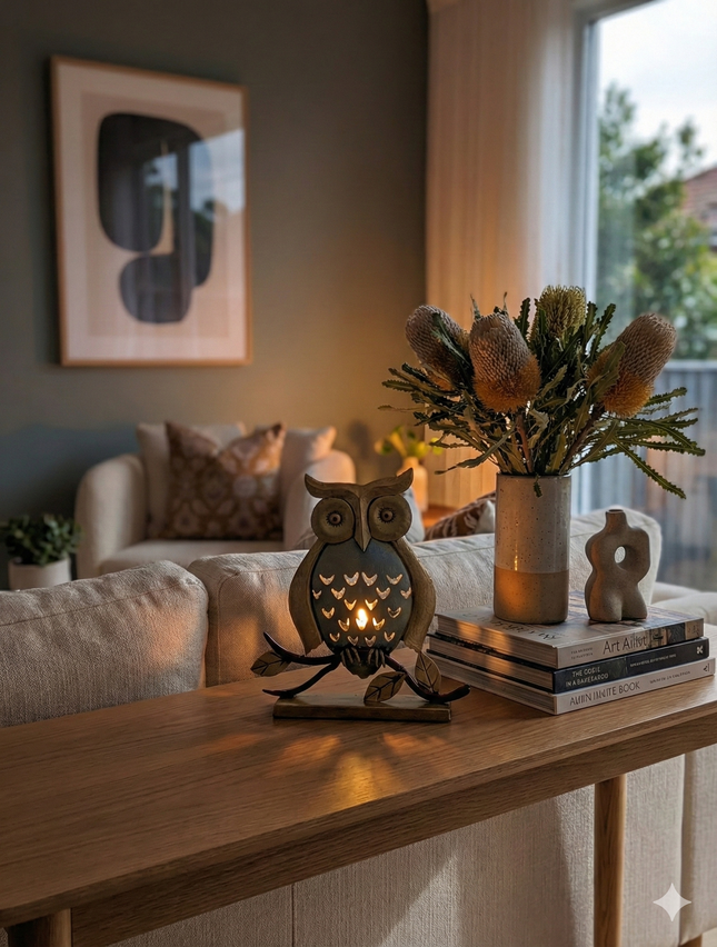 Striking Metal Owl Tealight Holder — Handmade Indian Artisanal
