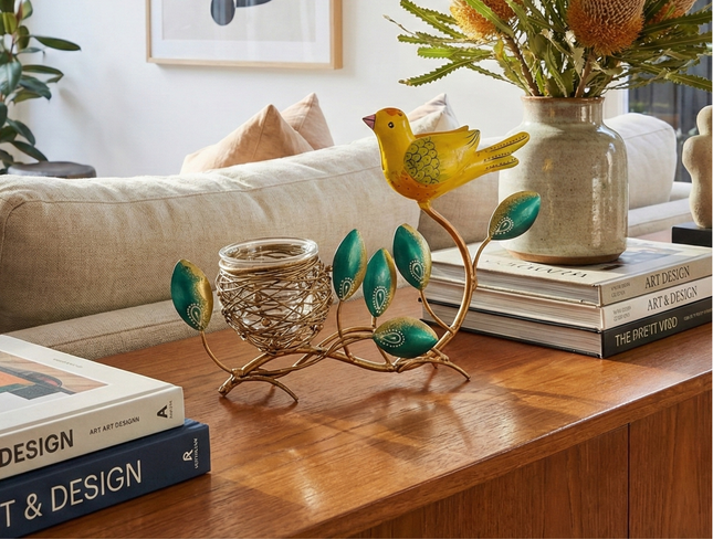 Handmade handcrafted material tealight holder – Colourful Bird & Nest Tealight Holder by The Ganges