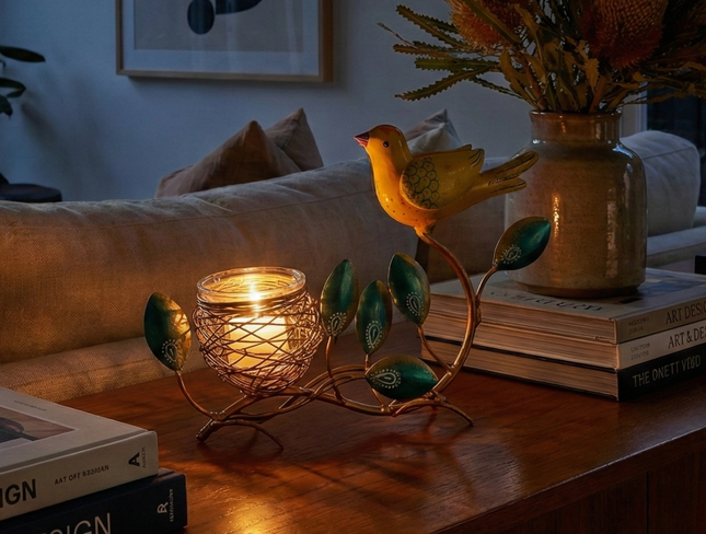 Colourful Bird & Nest Candle Holder — Handmade Indian Artisanal