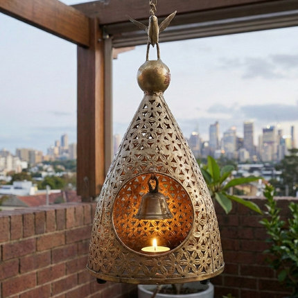 Enchanting Bird & Bell Hanging Tealight — Handmade Indian Artisanal