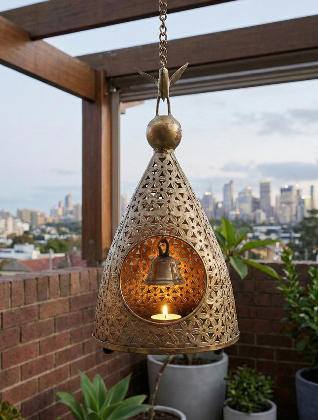 Enchanting Bird & Bell Hanging Tealight — Handmade Indian Artisanal