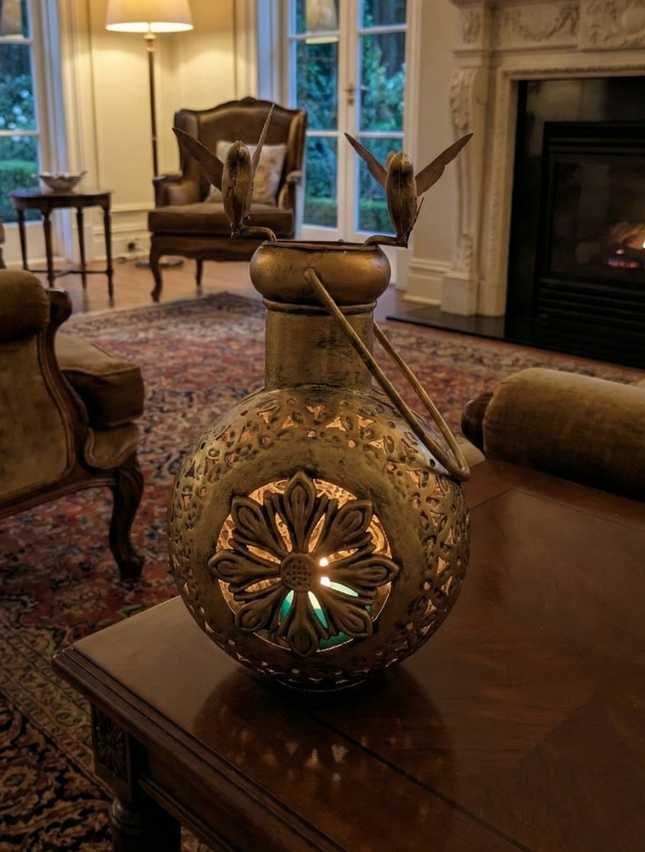 Beautiful Kettle With Bird Tealight Holder - Handmade Indian Artisan