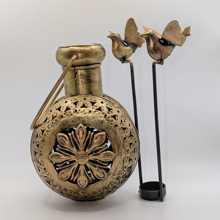 Beautiful Kettle With Bird Tealight Holder - Handmade Indian Artisan