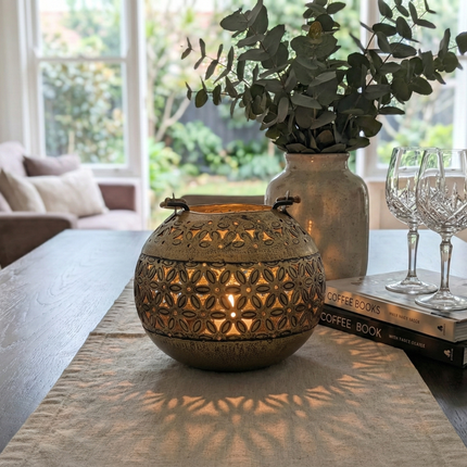 Handmade metal tealight holder – Elegant Metal Sphere Tealight Lamp by The Ganges