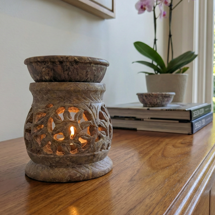 Intricately Carved Candle and Oil Warmer - Handmade Indian Artisan