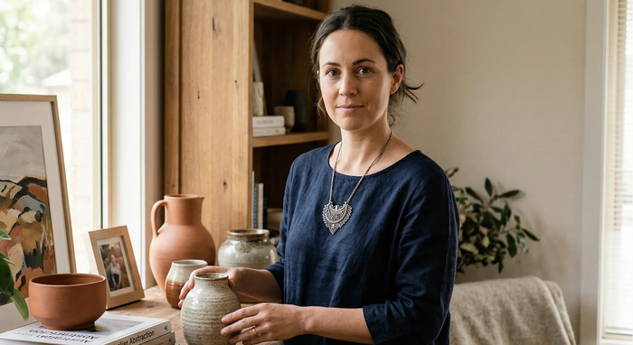Woman standing in a room with wooden shelves, books, and plants