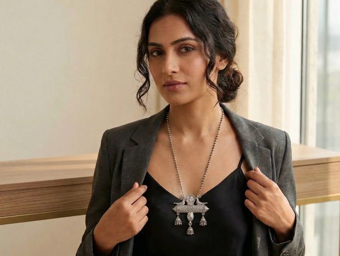 Woman wearing a necklace in an indoor setting