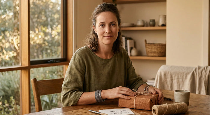 Woman sitting at a table with a package, surrounded by natural light in a home setting.