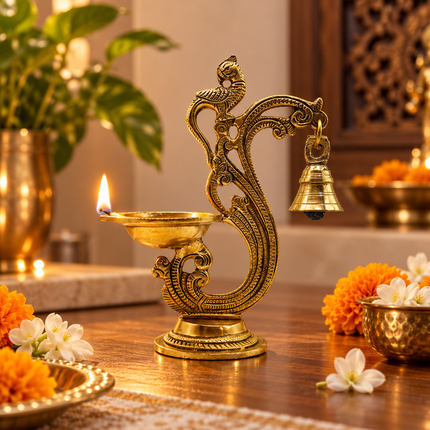 Handcrafted Solid Brass Annam Peacock Bell Diya – Traditional South Indian Oil Lamp