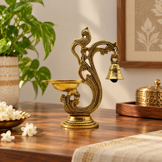 Handcrafted Solid Brass Annam Peacock Bell Diya – Traditional South Indian Oil Lamp