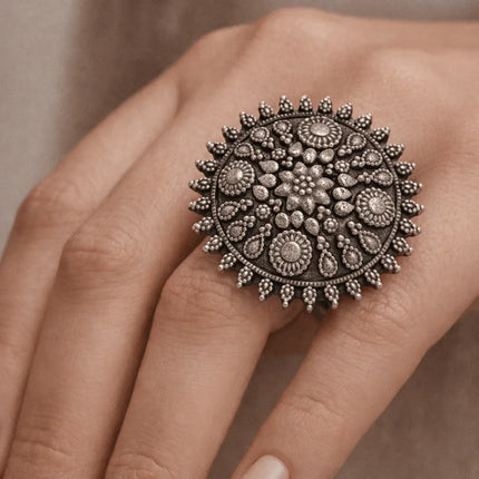 Charming Lalia - Inspired Ring in Silver Brass – Handmade Indian Artisanal - The Ganges Store