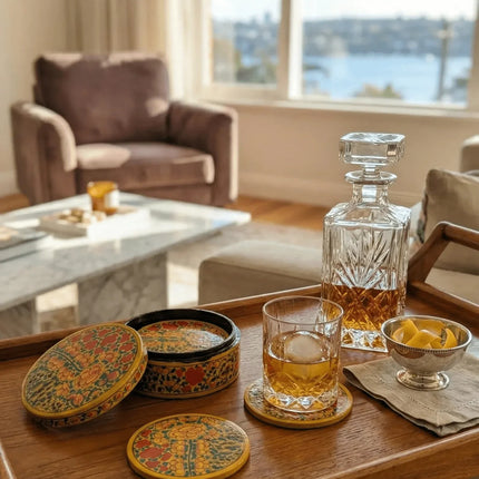 Classic Kashmiri Papier - Mâché Coaster Set — Handmade Indian Artisanal - The Ganges Store