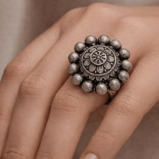 Classic Round Floral Ring with Central Bloom – Handmade Indian Artisanal - The Ganges Store