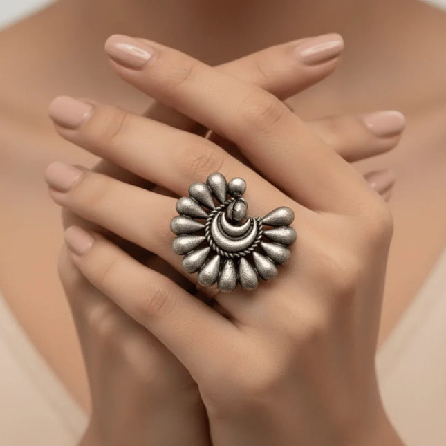 Delicate Half - Flower Ring in Silver Brass – Handmade Indian Artisanal - The Ganges Store