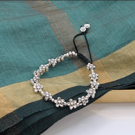 Elegant Bracelet with Delicate Floral Motifs in German Silver - Handmade Indian Artisanal - The Ganges Store
