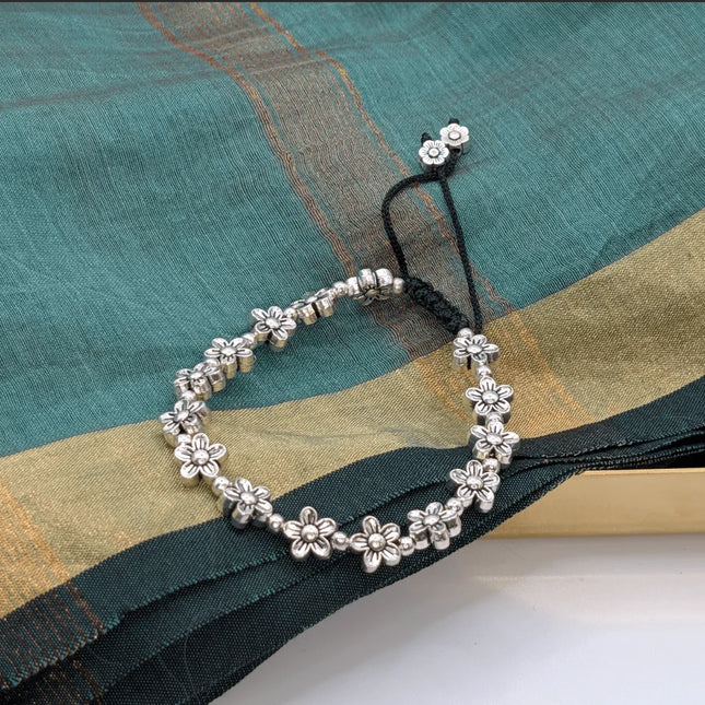 Elegant Bracelet with Delicate Floral Motifs in German Silver - Handmade Indian Artisanal - The Ganges Store