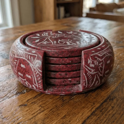 Elegant Elephant Motif Marble Coaster Set â€” Handmade Indian Artisanal - The Ganges Store