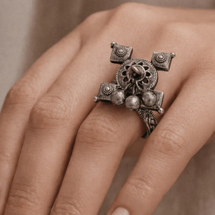 Elegant Khushboo Floral Ring in Silver Brass – Handmade Indian Artisanal - The Ganges Store