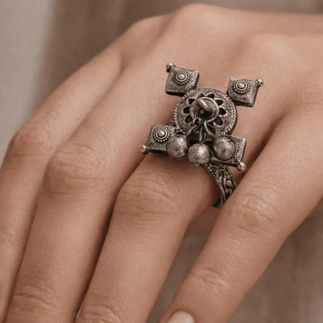 Elegant Khushboo Floral Ring in Silver Brass – Handmade Indian Artisanal - The Ganges Store