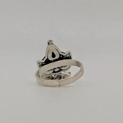 Elegant Modern Statement Ring – Black Enameled Maple Leaf and White Beads - The Ganges Store